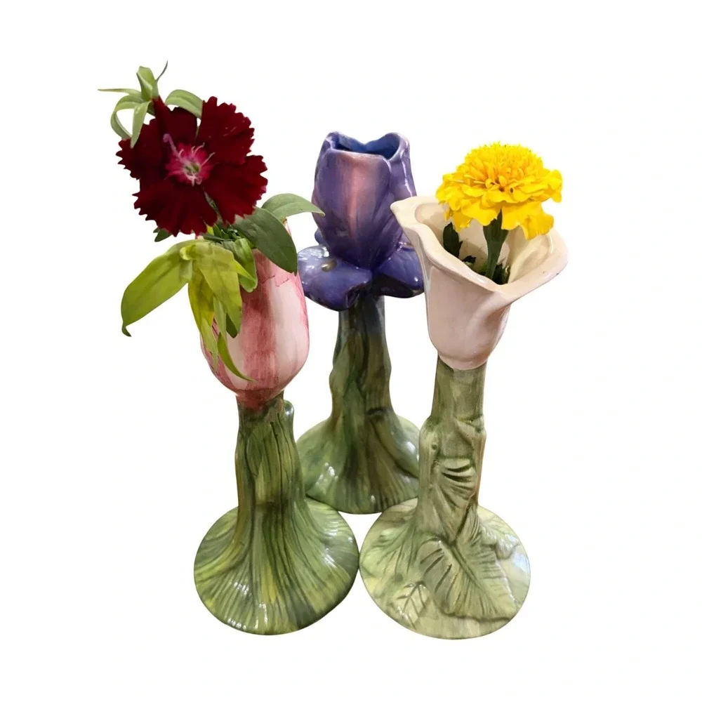 Set of 3 Bud Vases Hand-Painted Ceramic Floral Green Leafy Stems 7.5